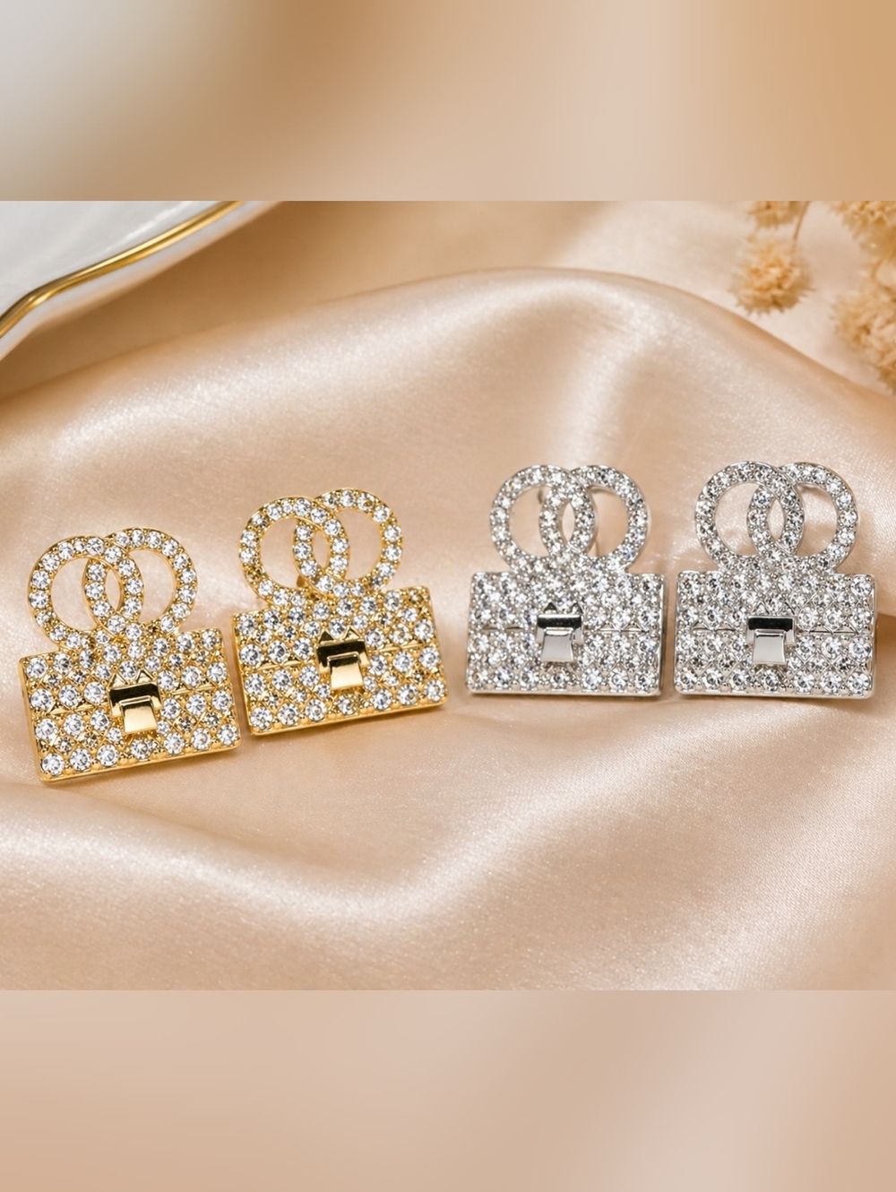 Rhinestone Purse Earrings | Gold or Silver | Classic Glam Statement